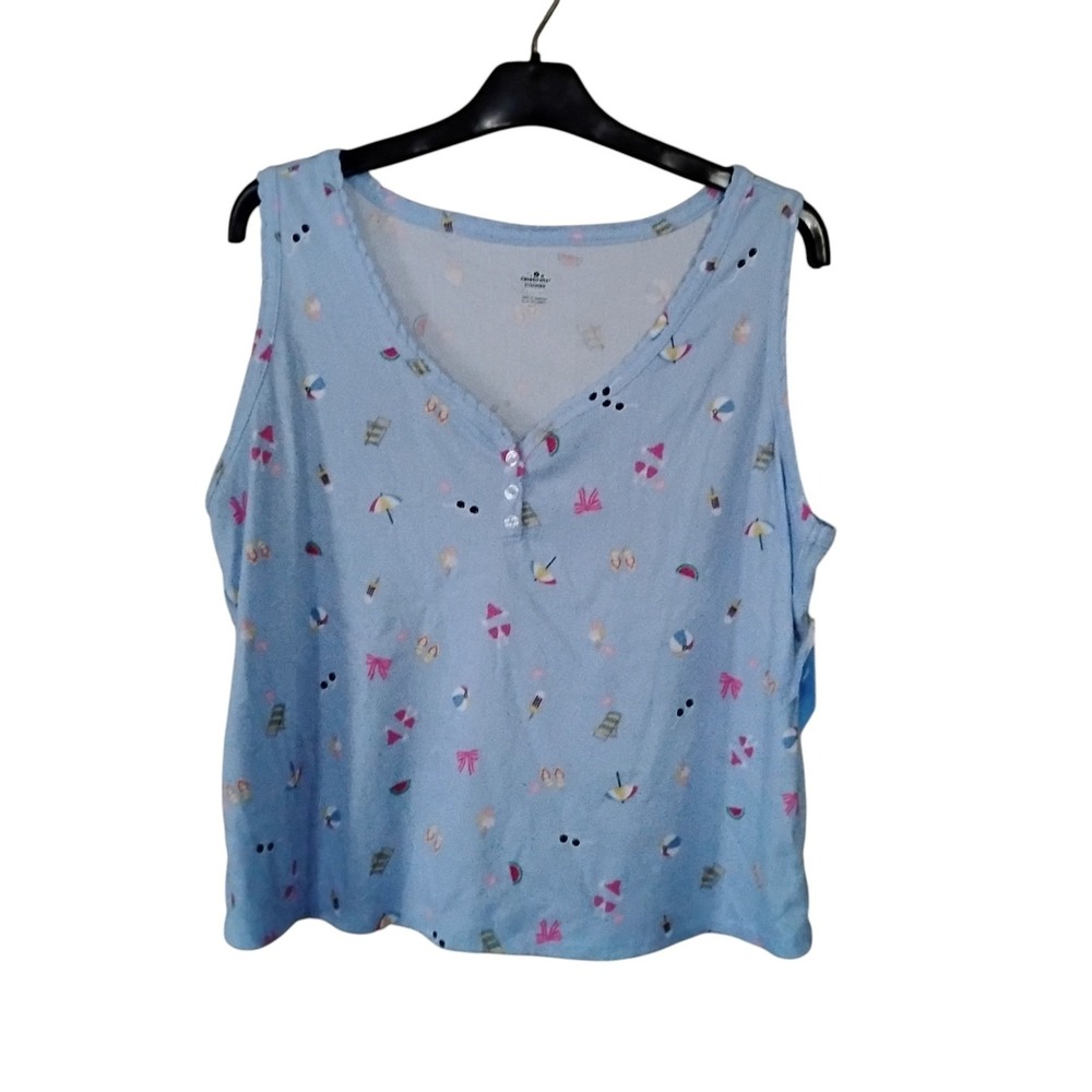 Way to Celebrate Summer Pajama Tank Top Blue Beach Print Henley L 12-14 NWT